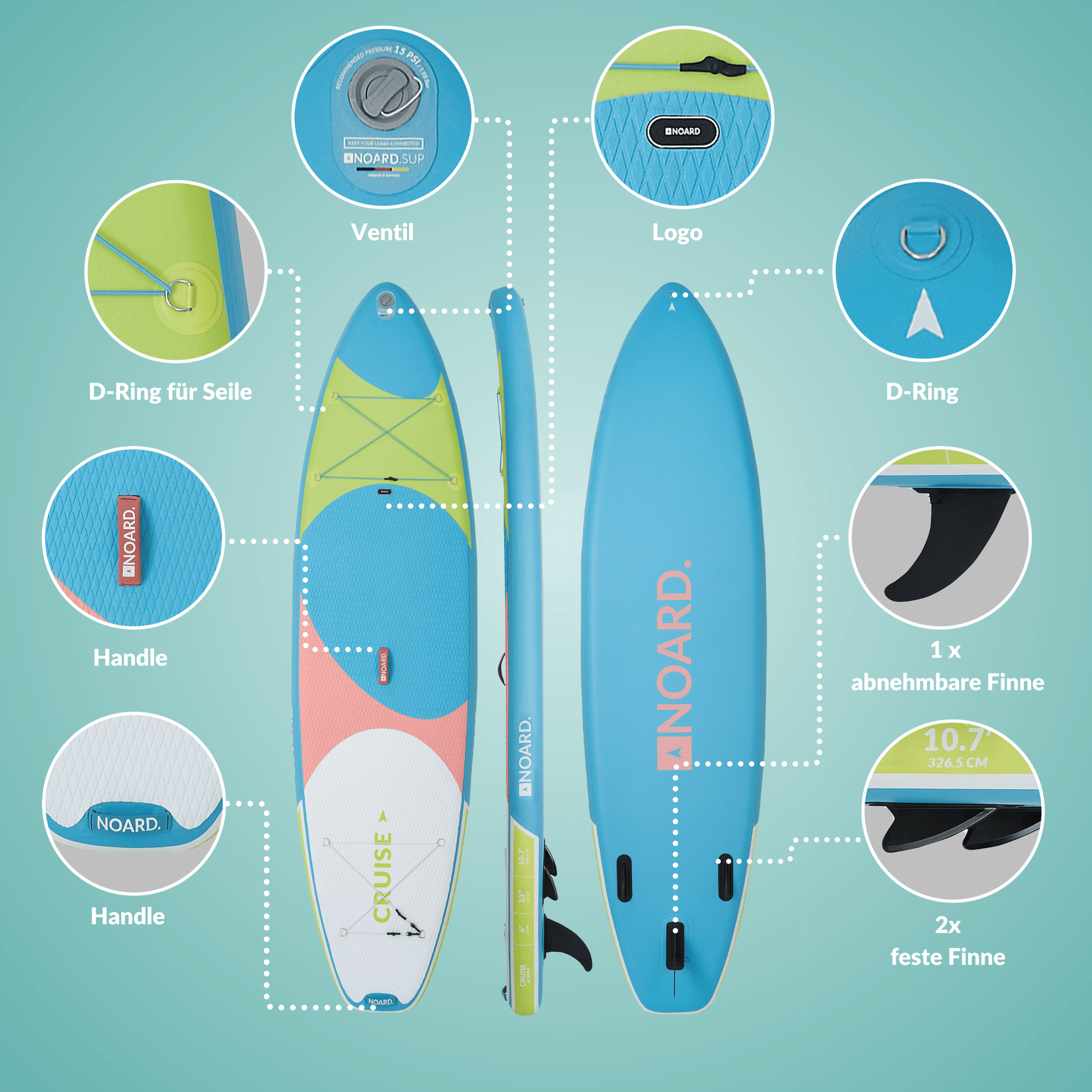 SUP mit Ventil, Logo, D-Ringen, Griffen, abnehmbaren und festen Finnen