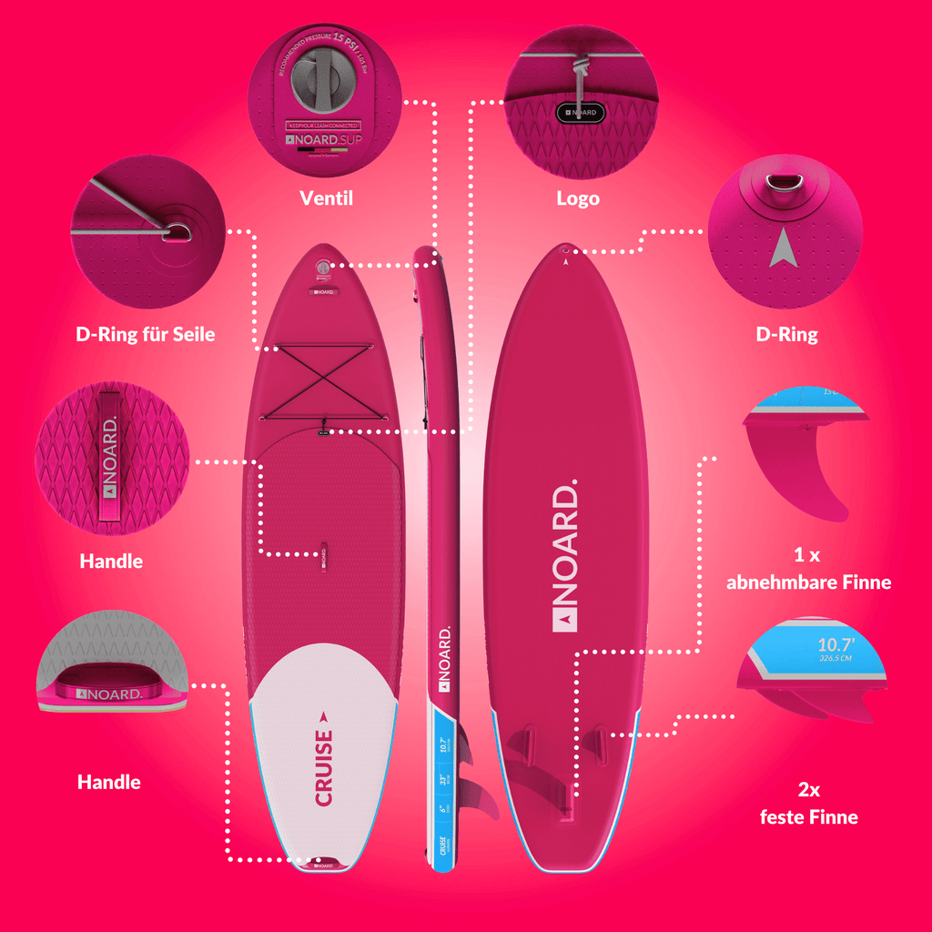 SUP mit Ventil, Logo, D-Ringen, Griffen, abnehmbaren und festen Finnen