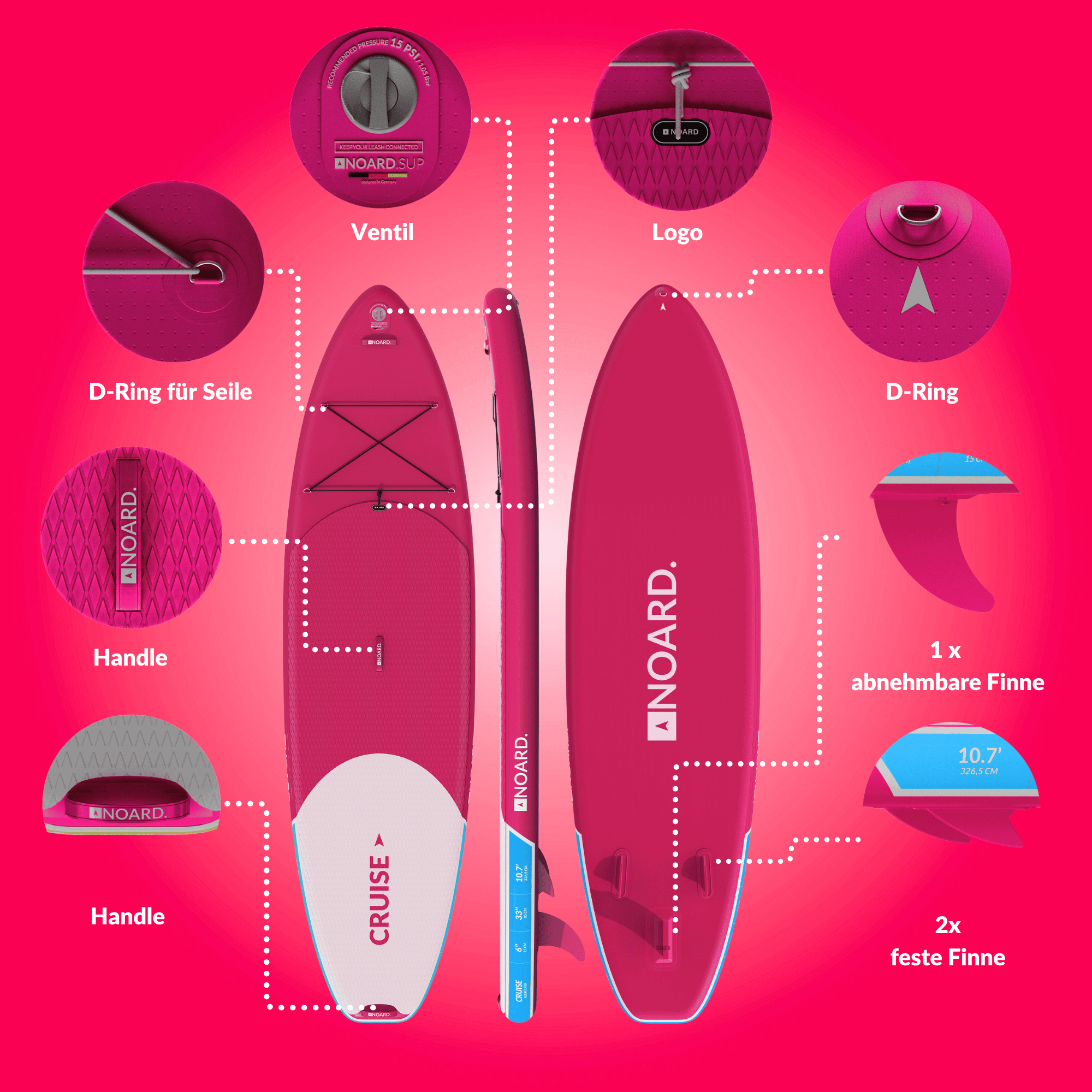 SUP mit Ventil, Logo, D-Ringen, Griffen, abnehmbaren und festen Finnen