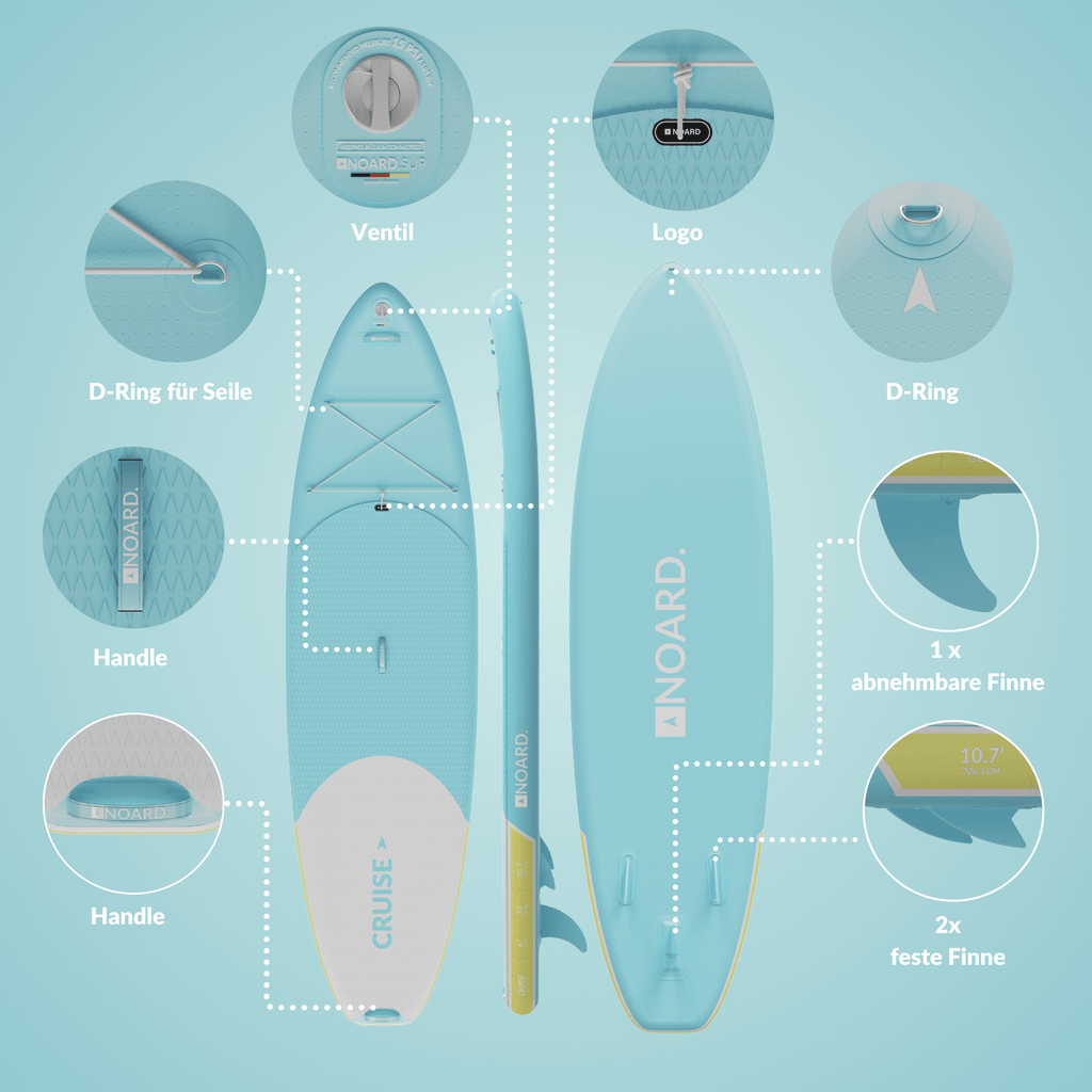 SUP mit Ventil, Logo, D-Ringen, Griffen, abnehmbaren und festen Finnen