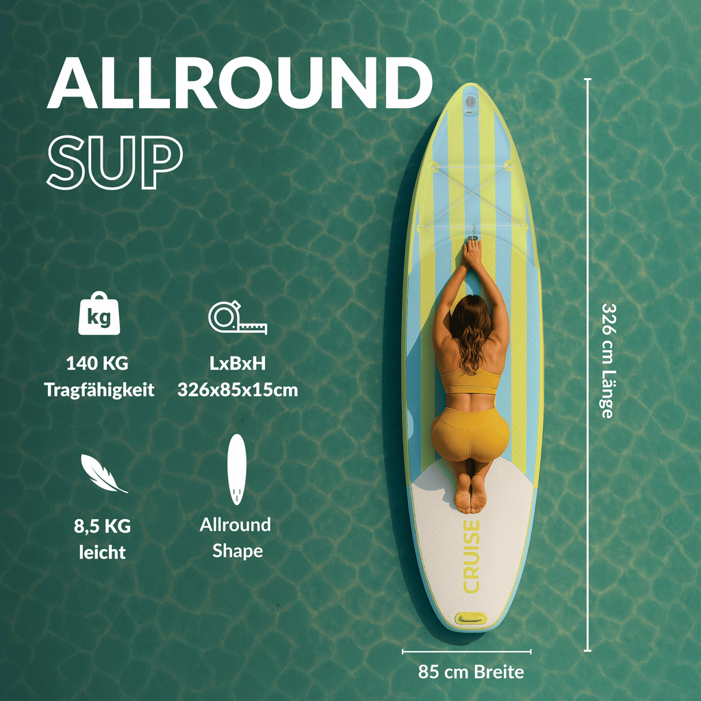 SUP von oben gesehen mit einer Frau in Yogaposition, Tragfähigkeit 140 kg, Abmessungen 326×85×15 cm, Gewicht 8,5 kg.