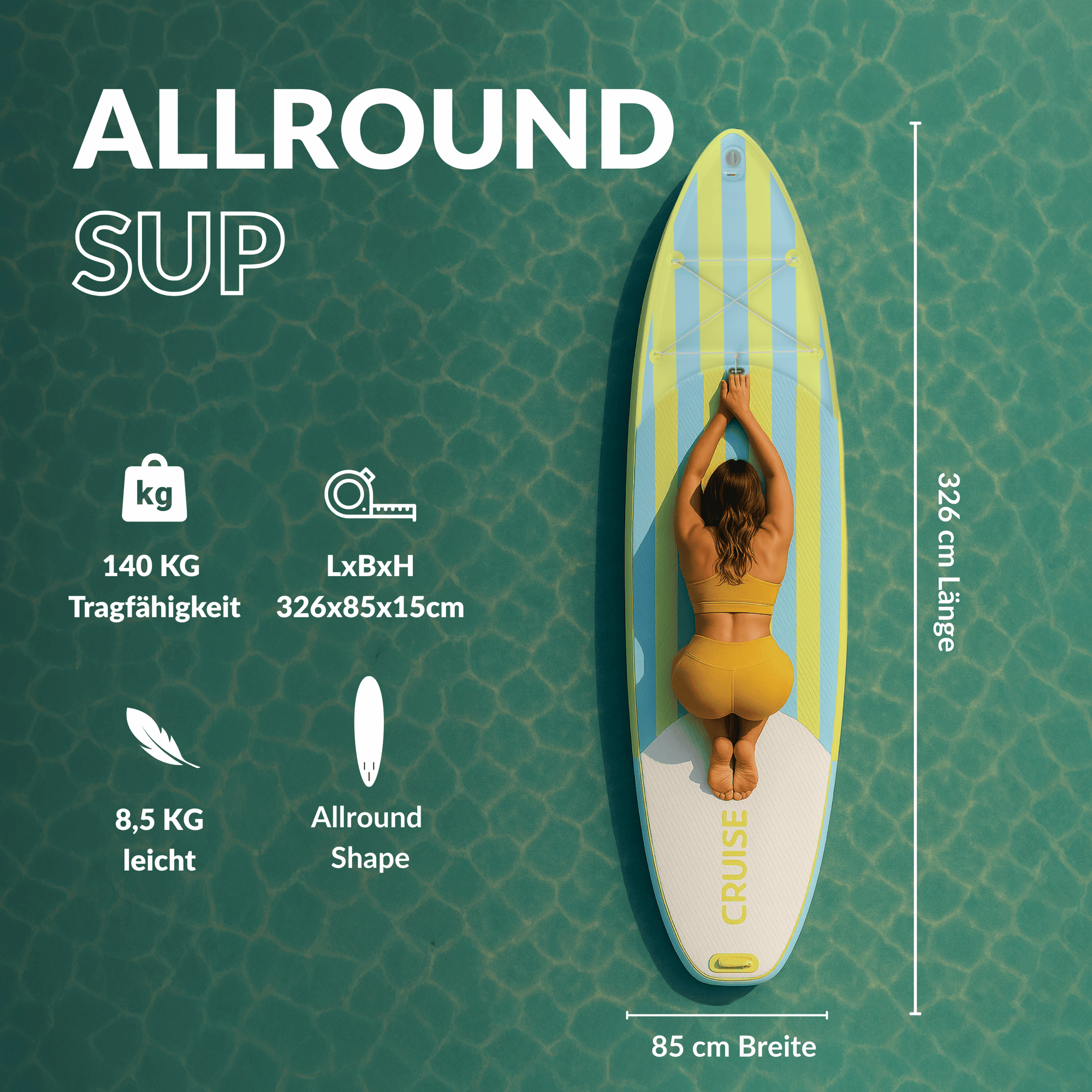 SUP von oben gesehen mit einer Frau in Yogaposition, Tragfähigkeit 140 kg, Abmessungen 326×85×15 cm, Gewicht 8,5 kg.