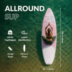 SUP von oben gesehen mit einer Frau in Yogaposition, Tragfähigkeit 140 kg, Abmessungen 326×85×15 cm, Gewicht 8,5 kg.