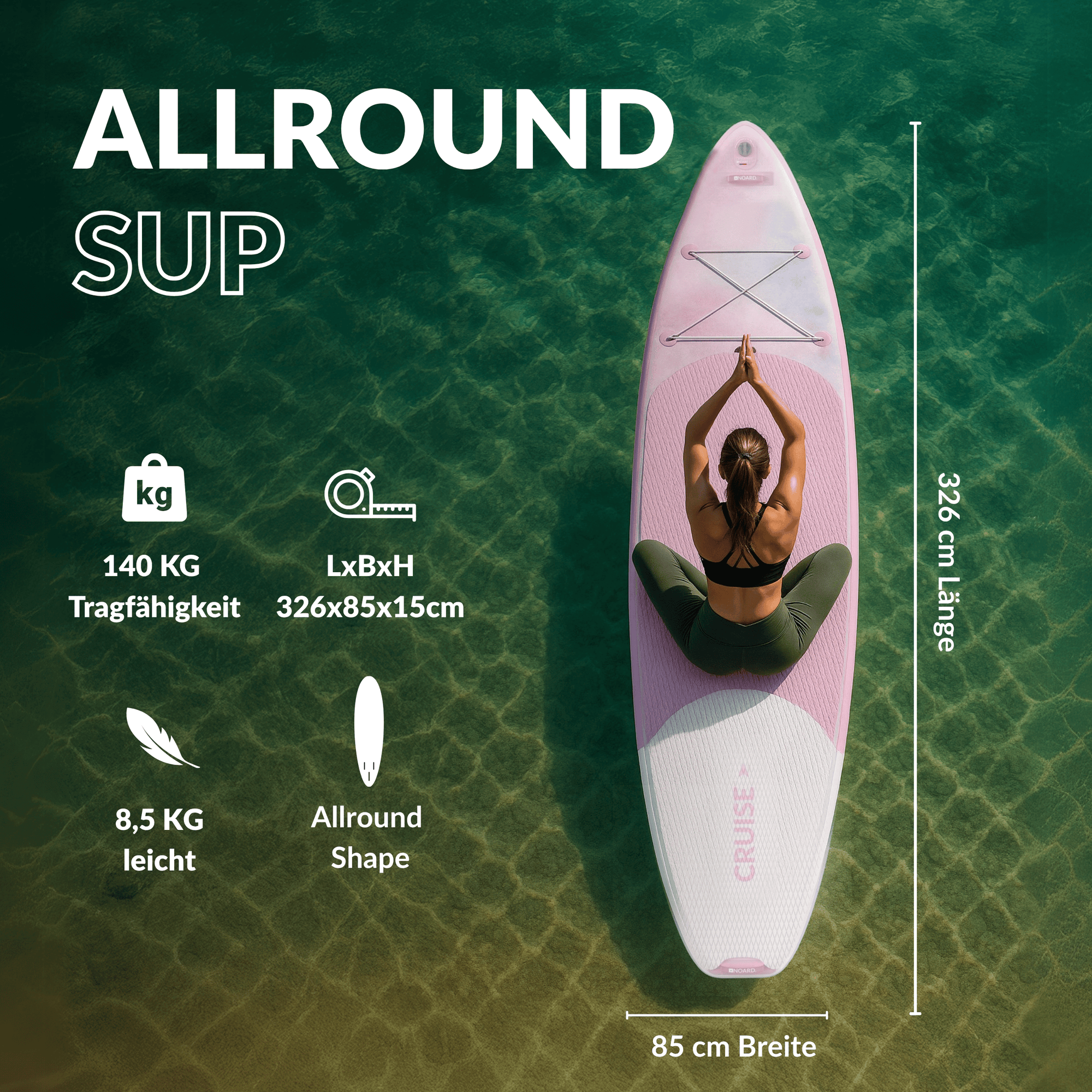 SUP von oben gesehen mit einer Frau in Yogaposition, Tragfähigkeit 140 kg, Abmessungen 326×85×15 cm, Gewicht 8,5 kg.