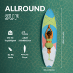 SUP von oben gesehen mit einer Frau in Yogaposition, Tragfähigkeit 140 kg, Abmessungen 326×85×15 cm, Gewicht 8,5 kg.