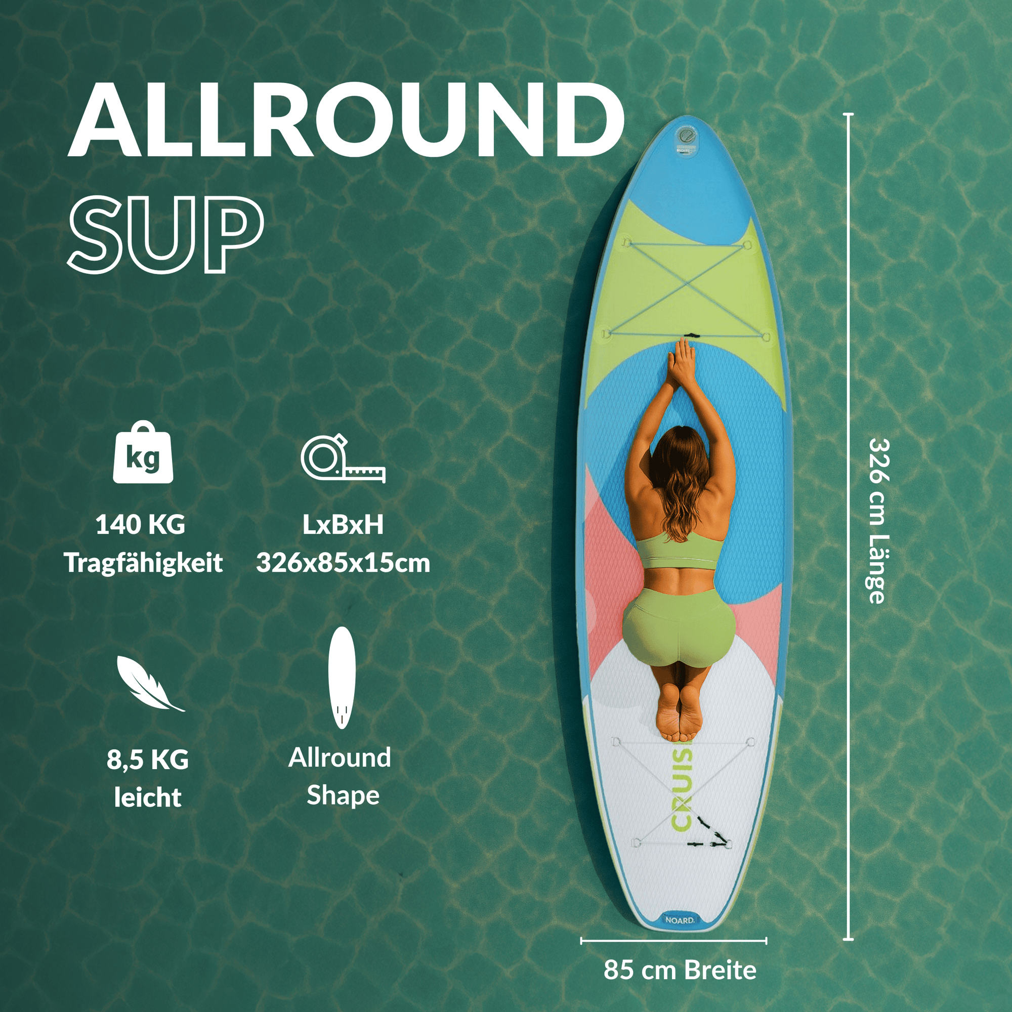 SUP von oben gesehen mit einer Frau in Yogaposition, Tragfähigkeit 140 kg, Abmessungen 326×85×15 cm, Gewicht 8,5 kg.