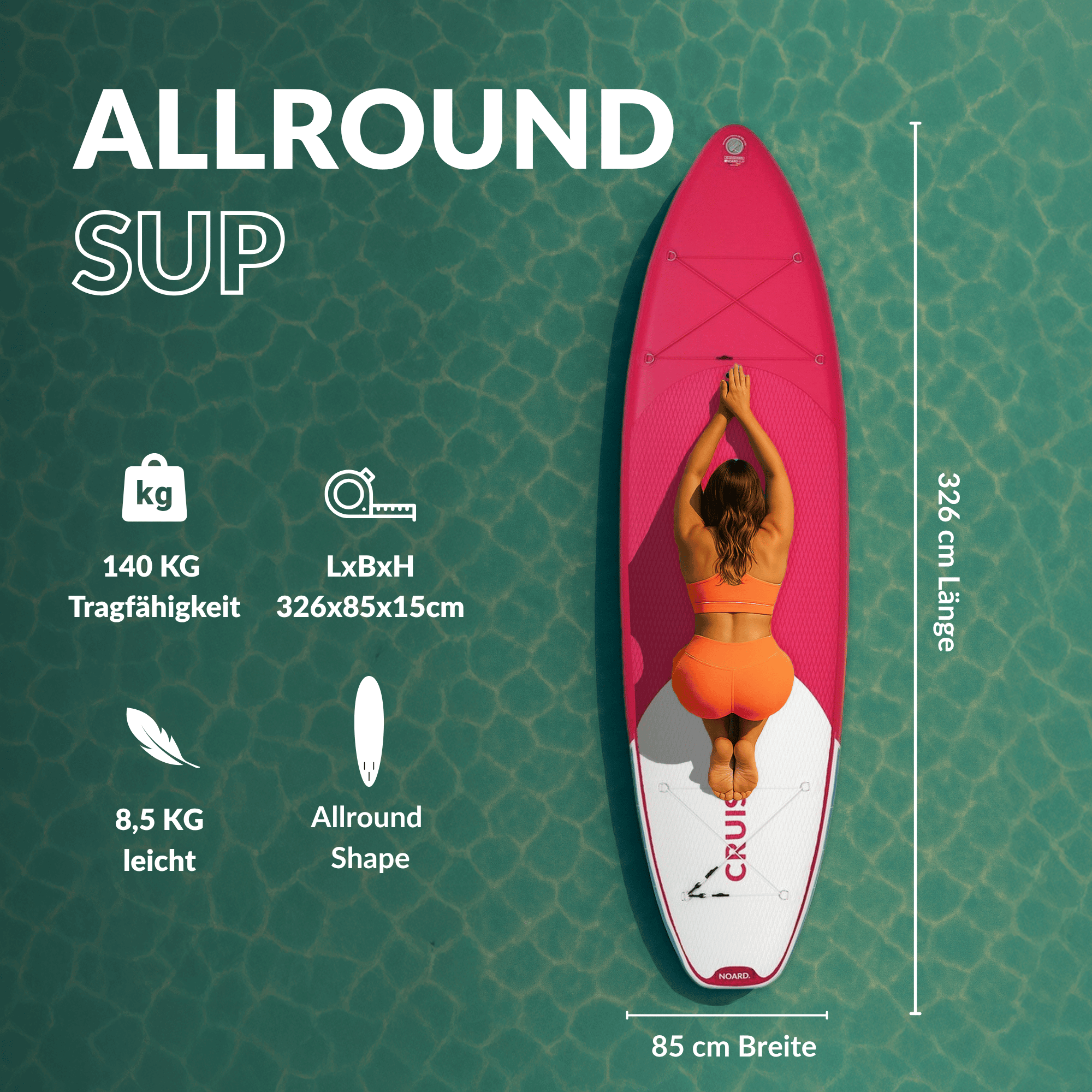 SUP von oben gesehen mit einer Frau in Yogaposition, Tragfähigkeit 140 kg, Abmessungen 326×85×15 cm, Gewicht 8,5 kg.