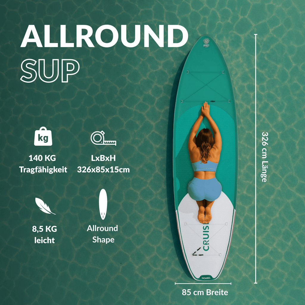 SUP von oben gesehen mit einer Frau in Yogaposition, Tragfähigkeit 140 kg, Abmessungen 326×85×15 cm, Gewicht 8,5 kg.
