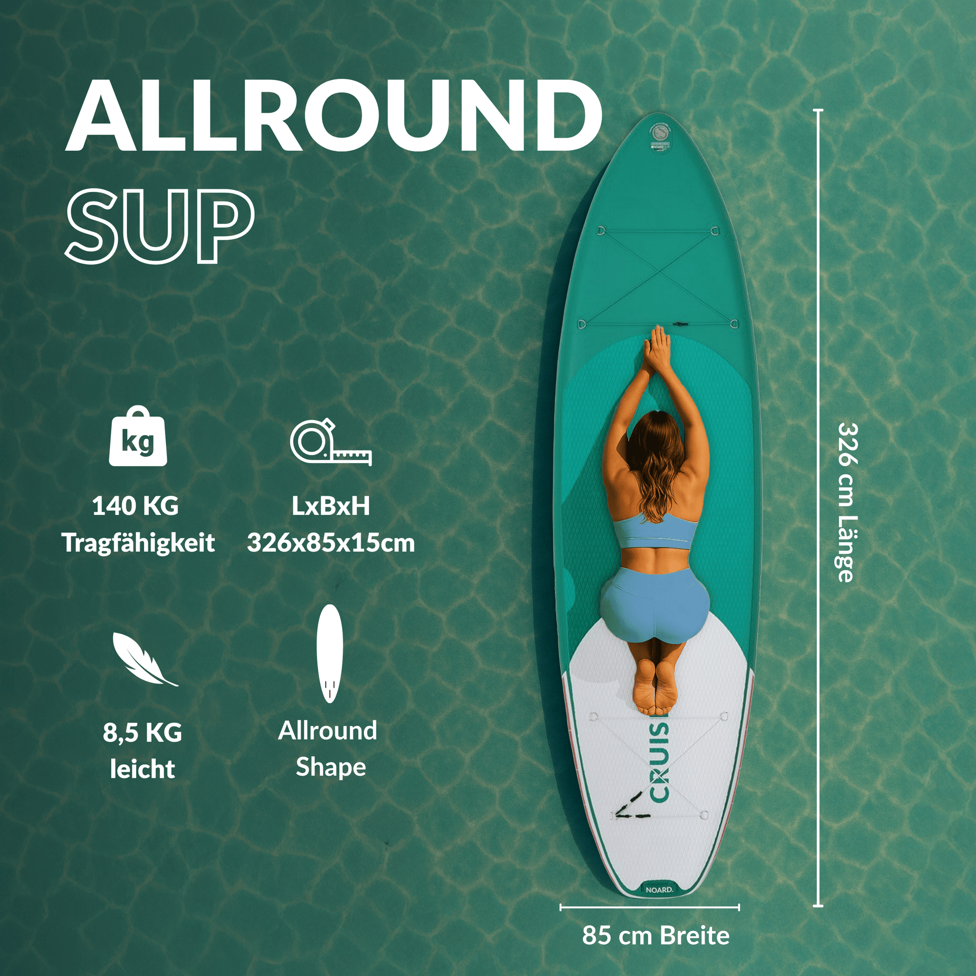 SUP von oben gesehen mit einer Frau in Yogaposition, Tragfähigkeit 140 kg, Abmessungen 326×85×15 cm, Gewicht 8,5 kg.