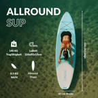 SUP von oben gesehen mit einer Frau in Yogaposition, Tragfähigkeit 140 kg, Abmessungen 326×85×15 cm, Gewicht 8,5 kg.