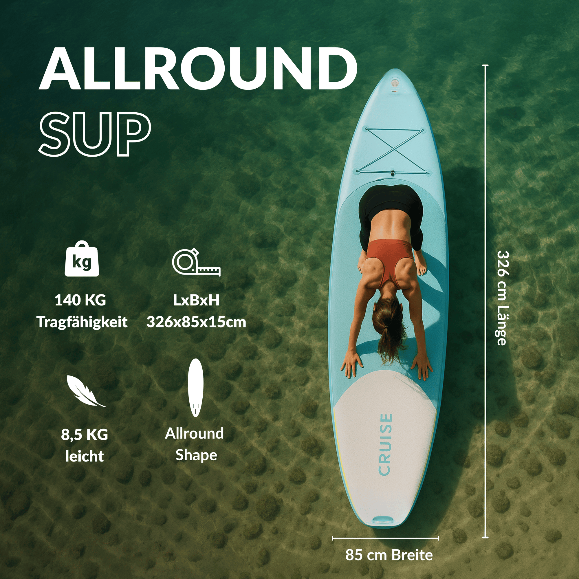 SUP von oben gesehen mit einer Frau in Yogaposition, Tragfähigkeit 140 kg, Abmessungen 326×85×15 cm, Gewicht 8,5 kg.