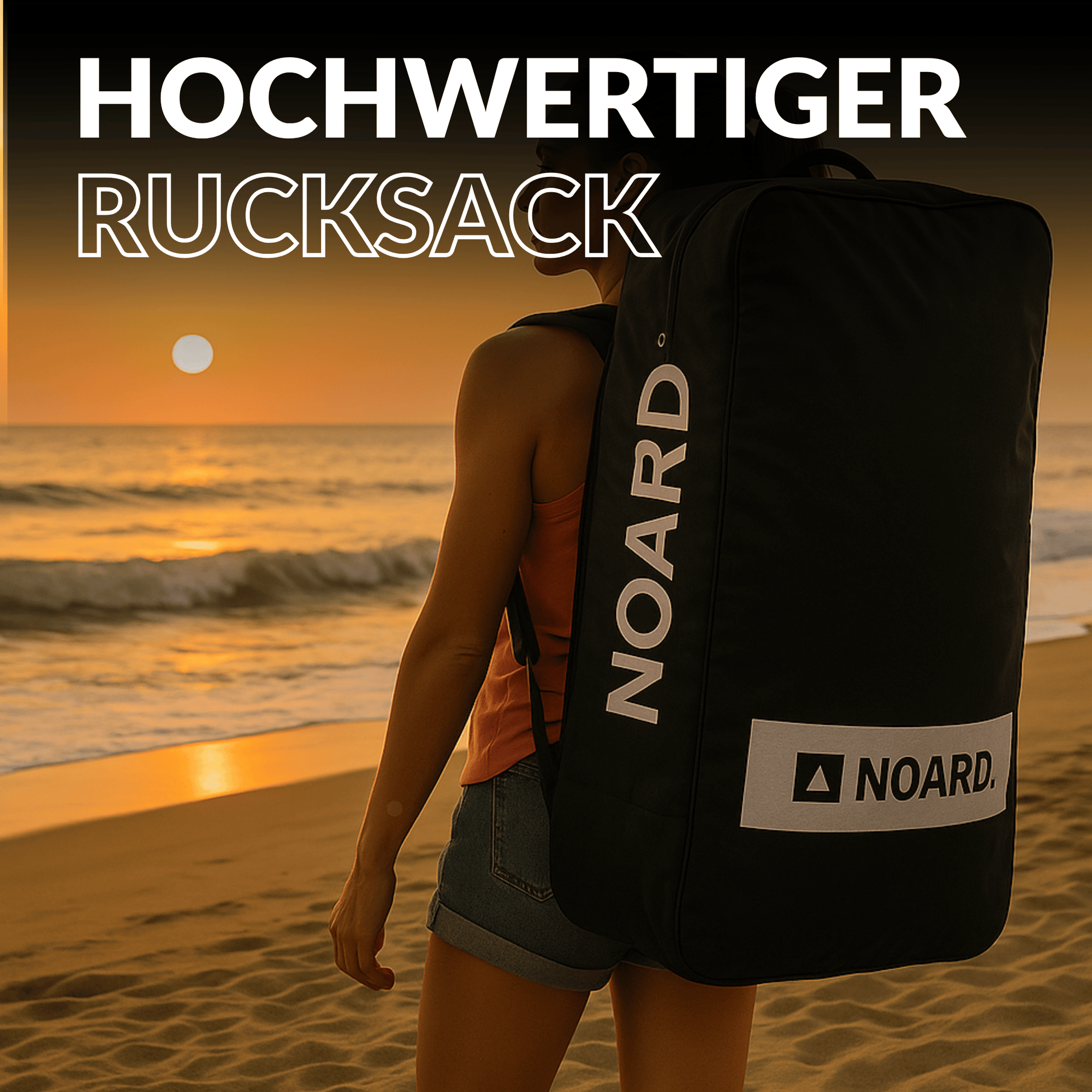 Frau mit Rucksack, in dem ein kompaktes SUP verstaut ist.