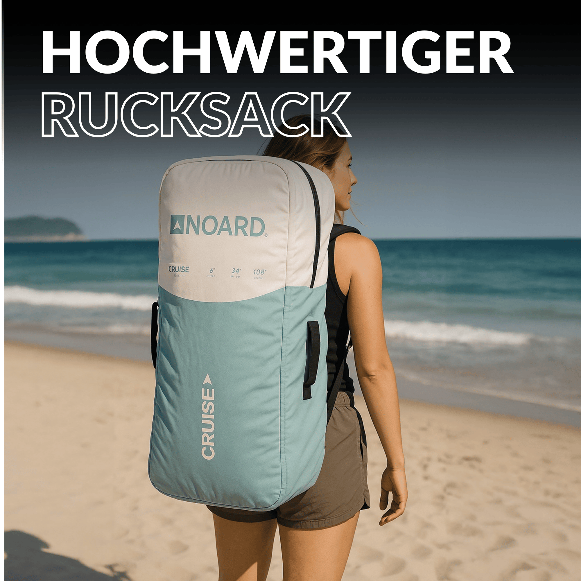 Frau mit Rucksack, in dem ein kompaktes SUP verstaut ist.