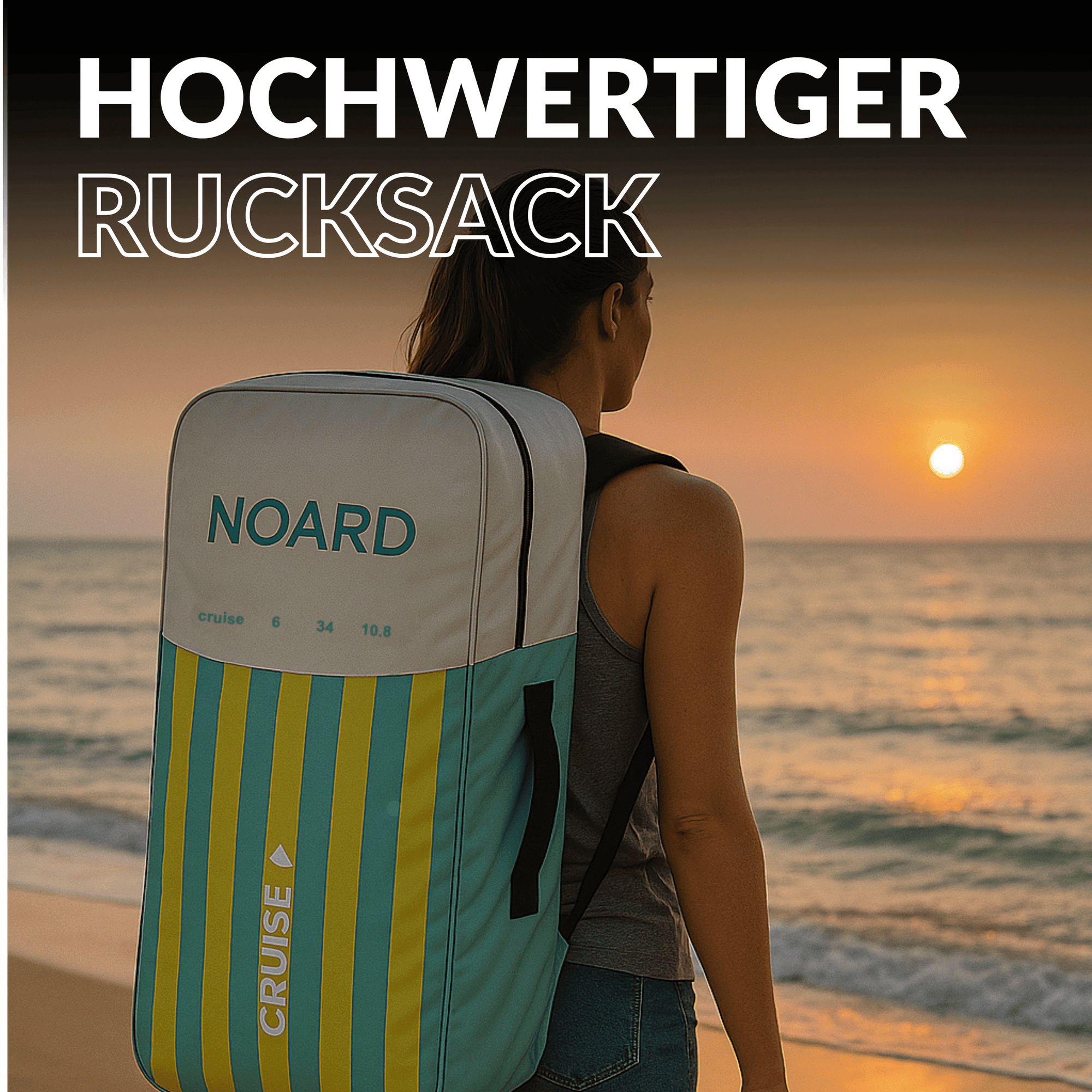 Frau mit Rucksack, in dem ein kompaktes SUP verstaut ist