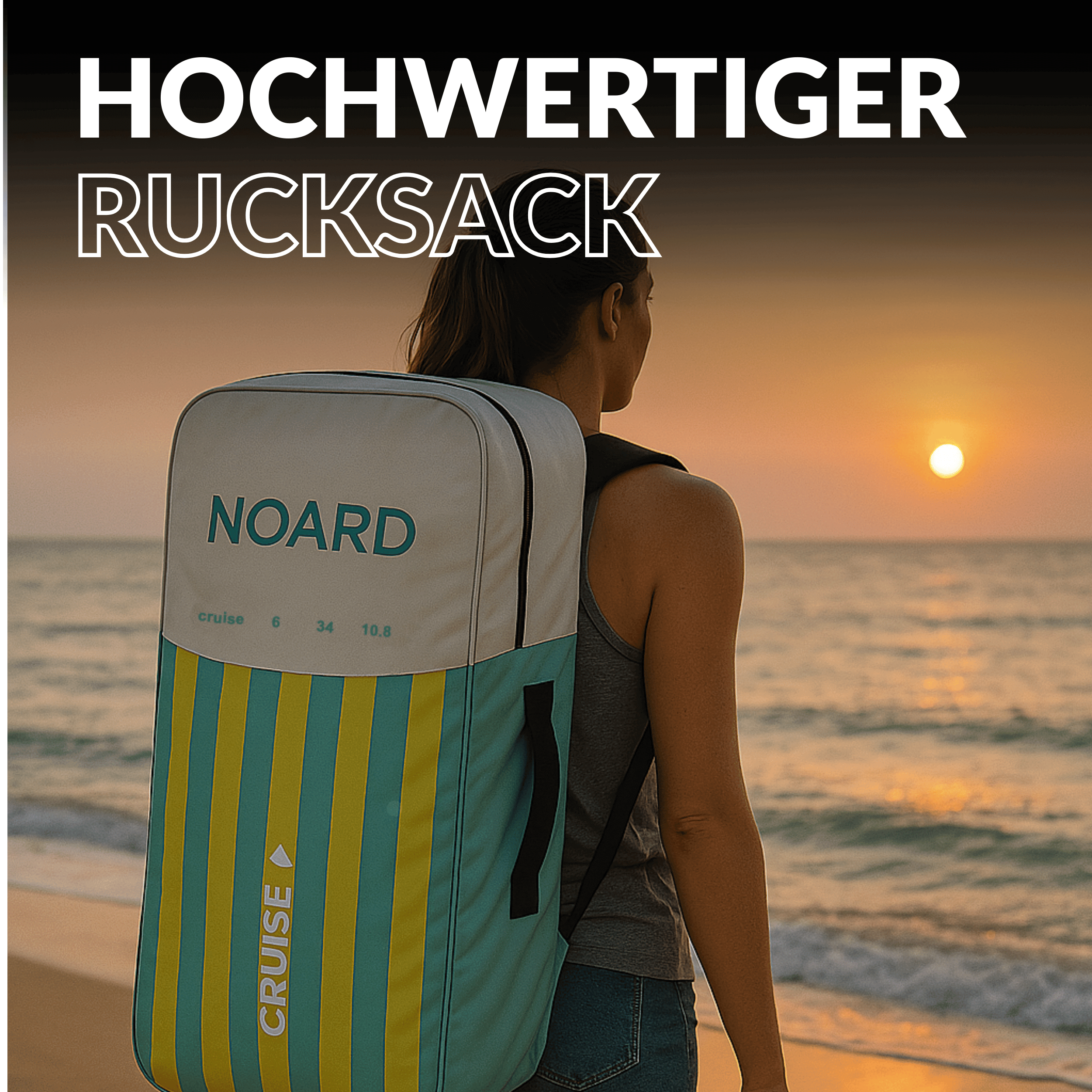Frau mit Rucksack, in dem ein kompaktes SUP verstaut ist