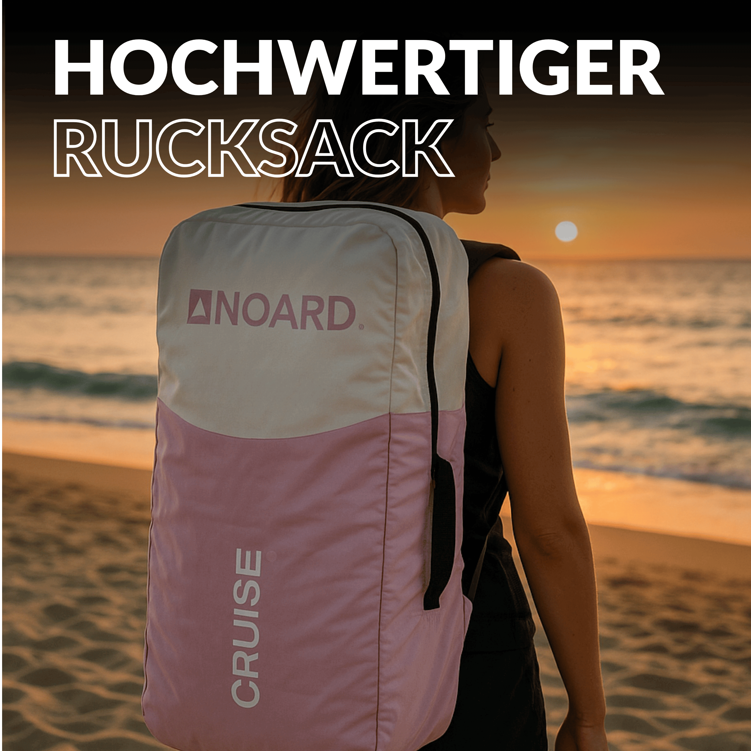 Frau mit Rucksack, in dem ein kompaktes SUP verstaut ist.