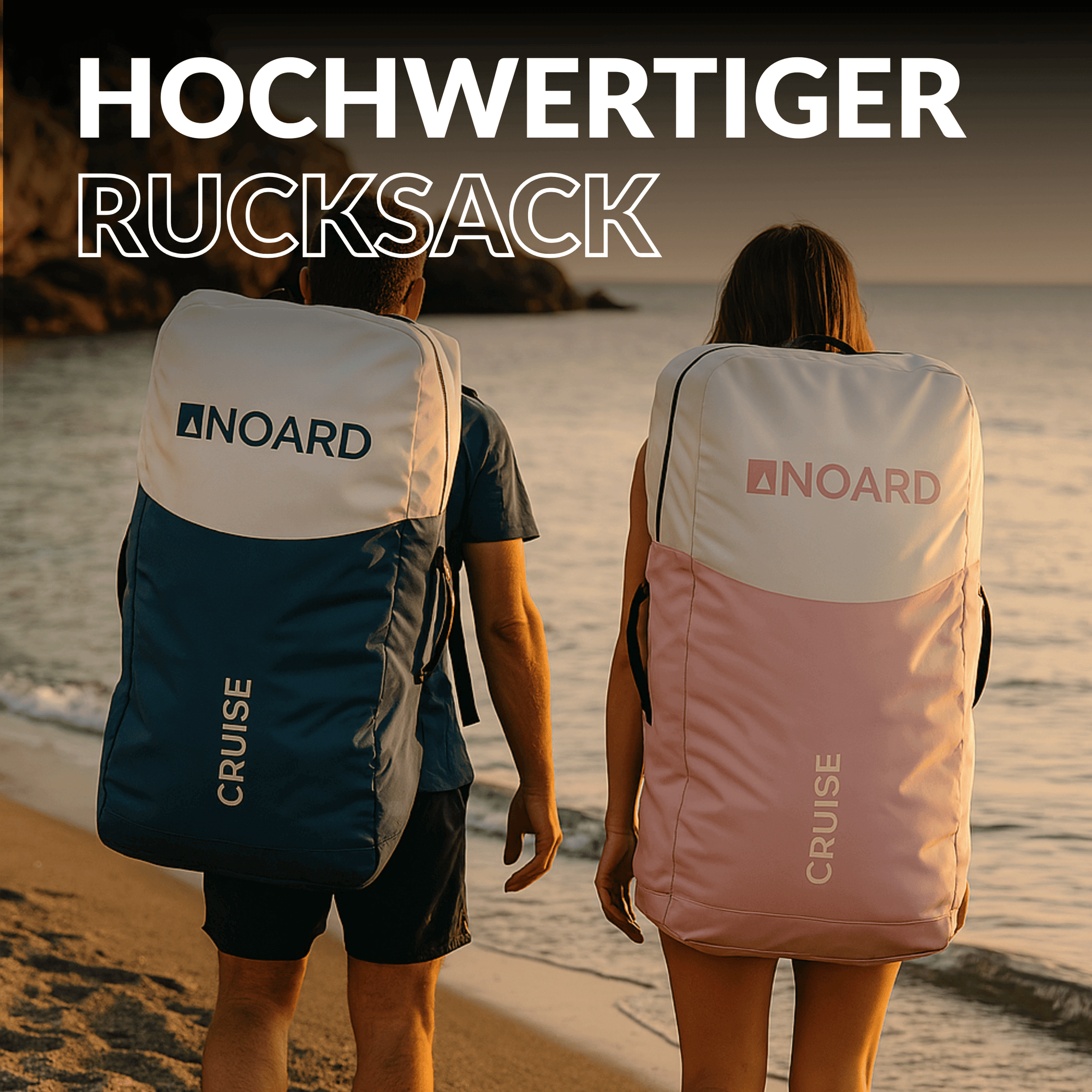 Frau und Mann mit Rucksack, in dem kompakte SUP verstaut sind