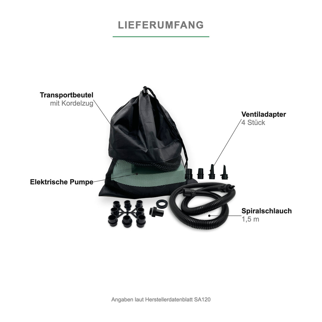 Lieferumfang der NOARD SUP-Pumpe: Pumpe, Spiralschlauch, vier Ventiladapter, Transportbeutel