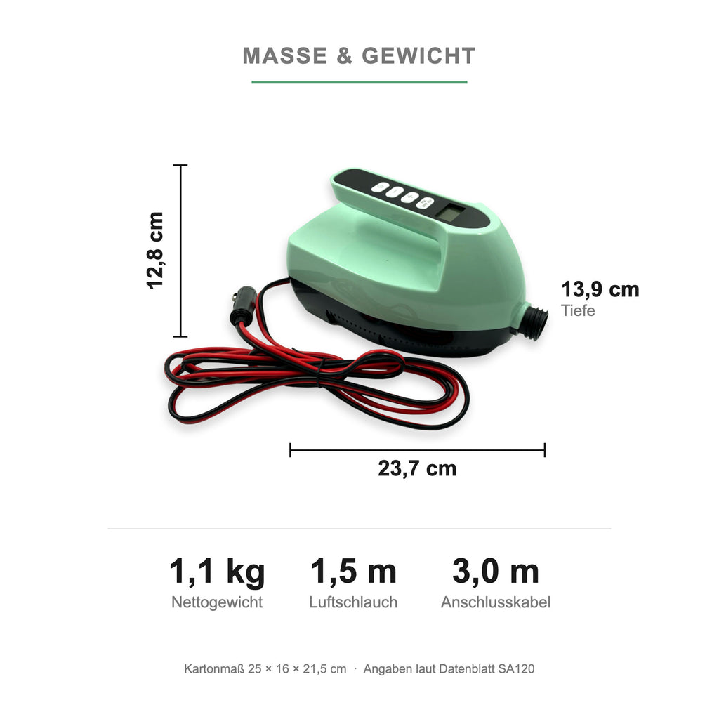 Maße und Gewicht der NOARD SUP-Pumpe: 23,7 × 13,9 × 12,8 cm bei 1,1 kg