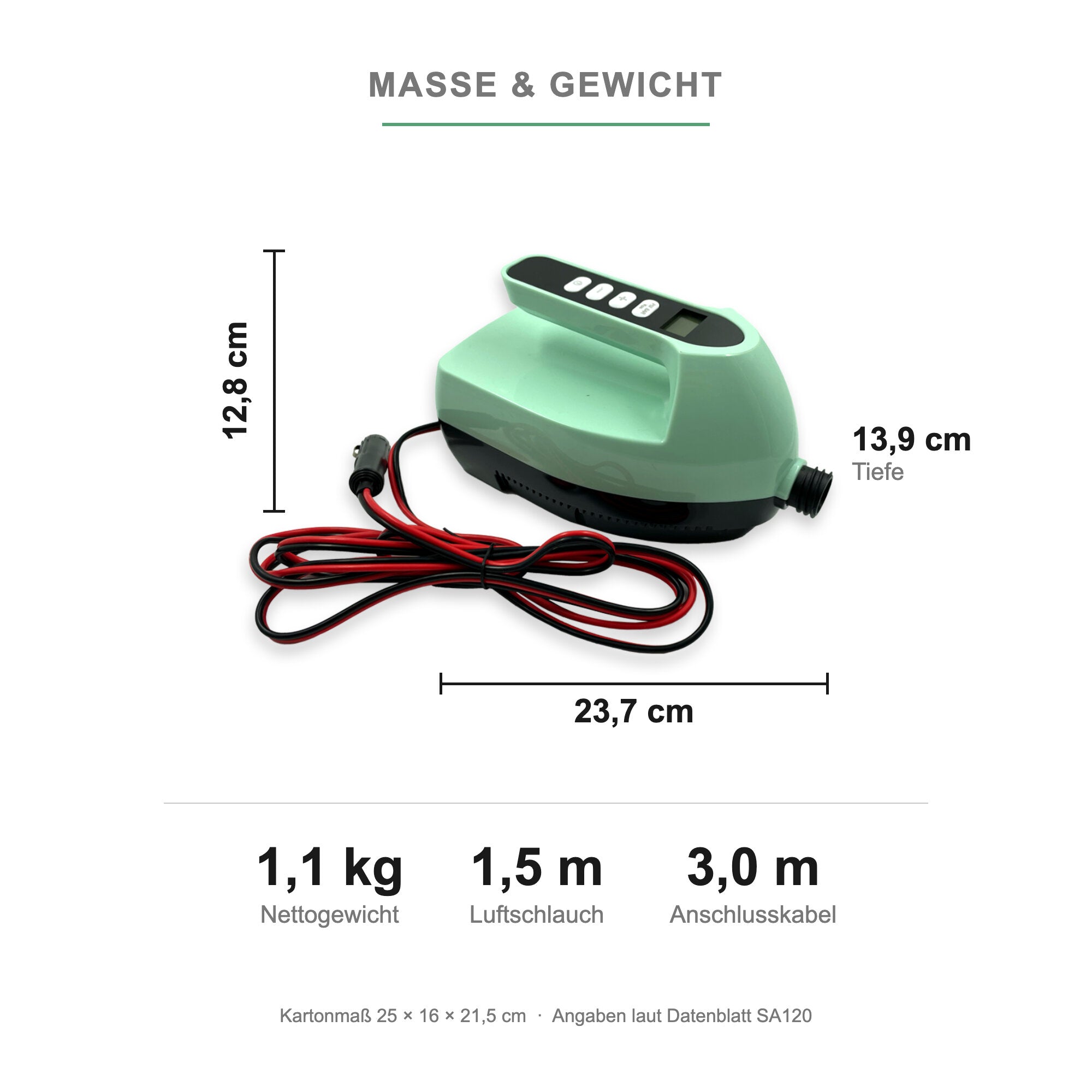Maße und Gewicht der NOARD SUP-Pumpe: 23,7 × 13,9 × 12,8 cm bei 1,1 kg