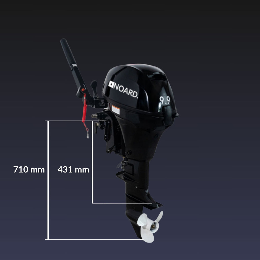 NOARD 9.9 Außenbordmotor in Seitenansicht mit eingezeichneten Maßen für Motorhöhe (710 mm) und Schaftlänge (431 mm).
