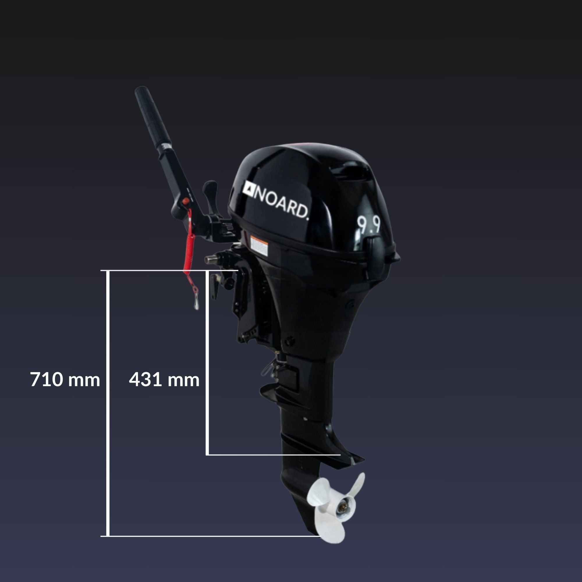 NOARD 9.9 Außenbordmotor in Seitenansicht mit eingezeichneten Maßen für Motorhöhe (710 mm) und Schaftlänge (431 mm).