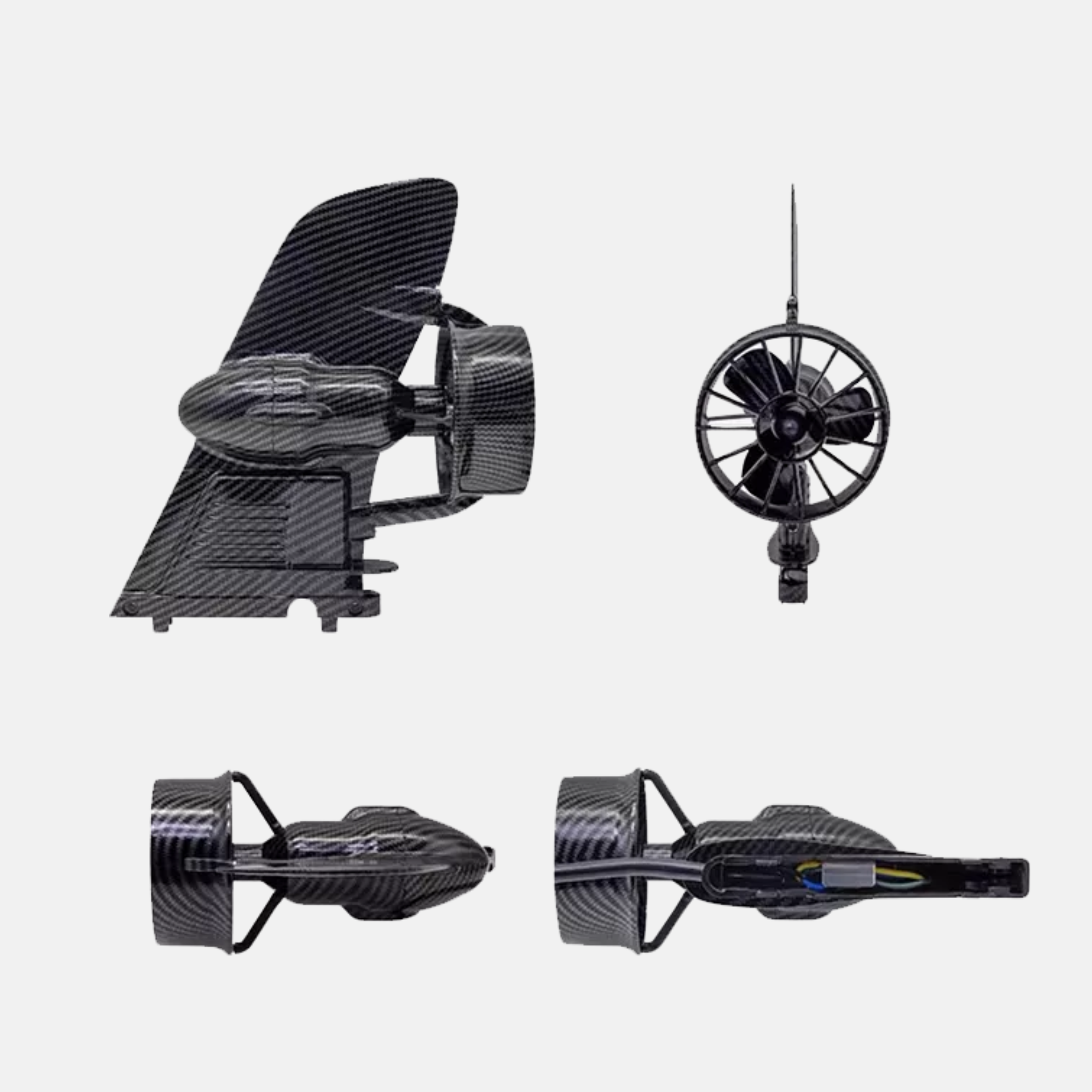 Noard E-Finne in mehreren Ansichten: von vorne, hinten, der Seite und von oben.