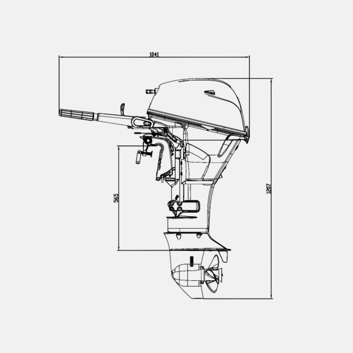 Zeichnung vom  15 ps Motor mit eingezeichneten Maßen für Höhe 1271 mm, Breite 1041 mm und Schaftlänge 555 mm.