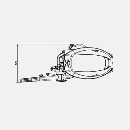 Obenansicht vom Noard Außenbordmotor mit sichtbarer Drehgaspinne und einer Breitenangabe von 421 mm