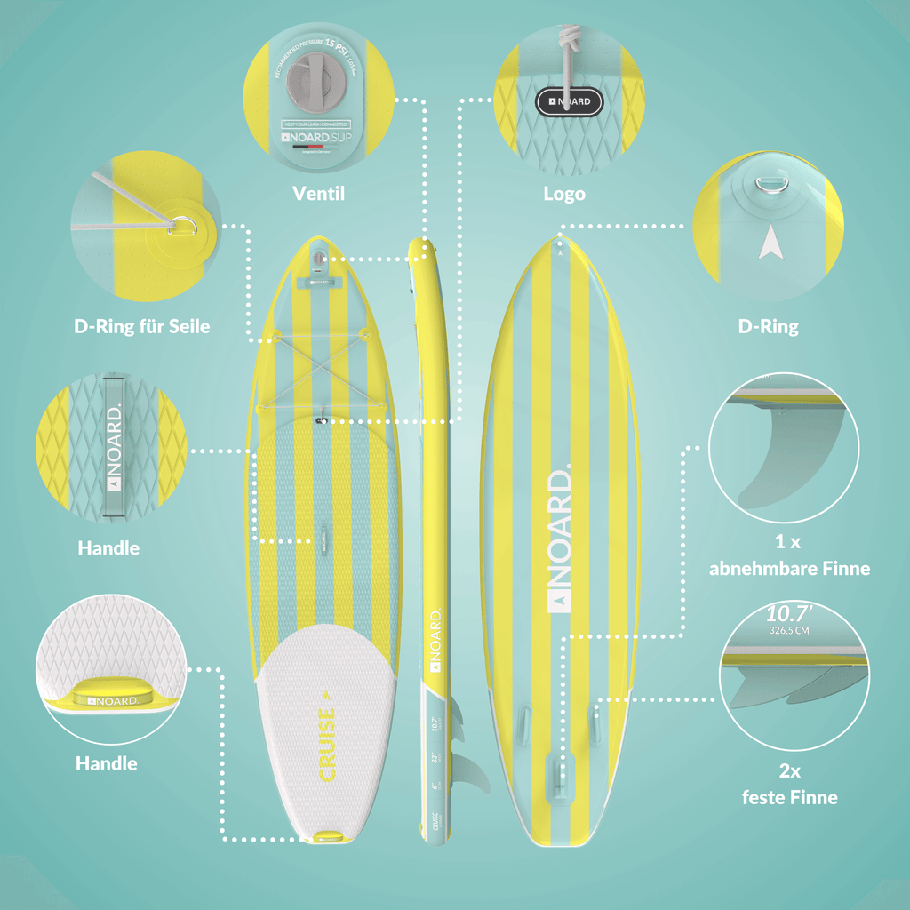 SUP mit Ventil, Logo, D-Ringen, Griffen, abnehmbaren und festen Finnen