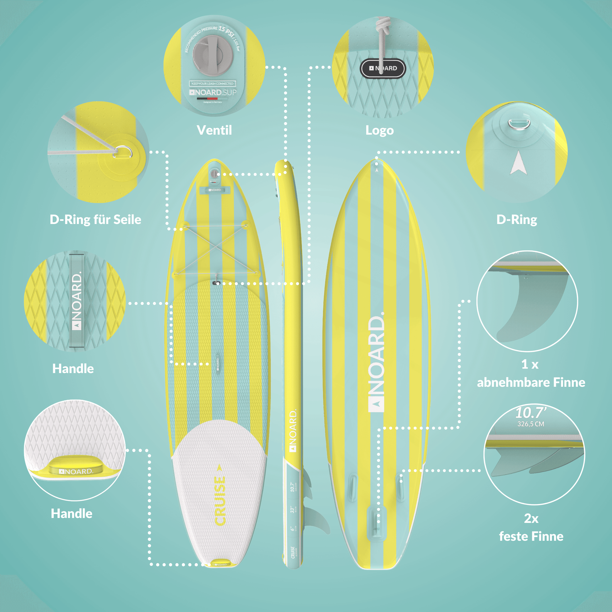 SUP mit Ventil, Logo, D-Ringen, Griffen, abnehmbaren und festen Finnen