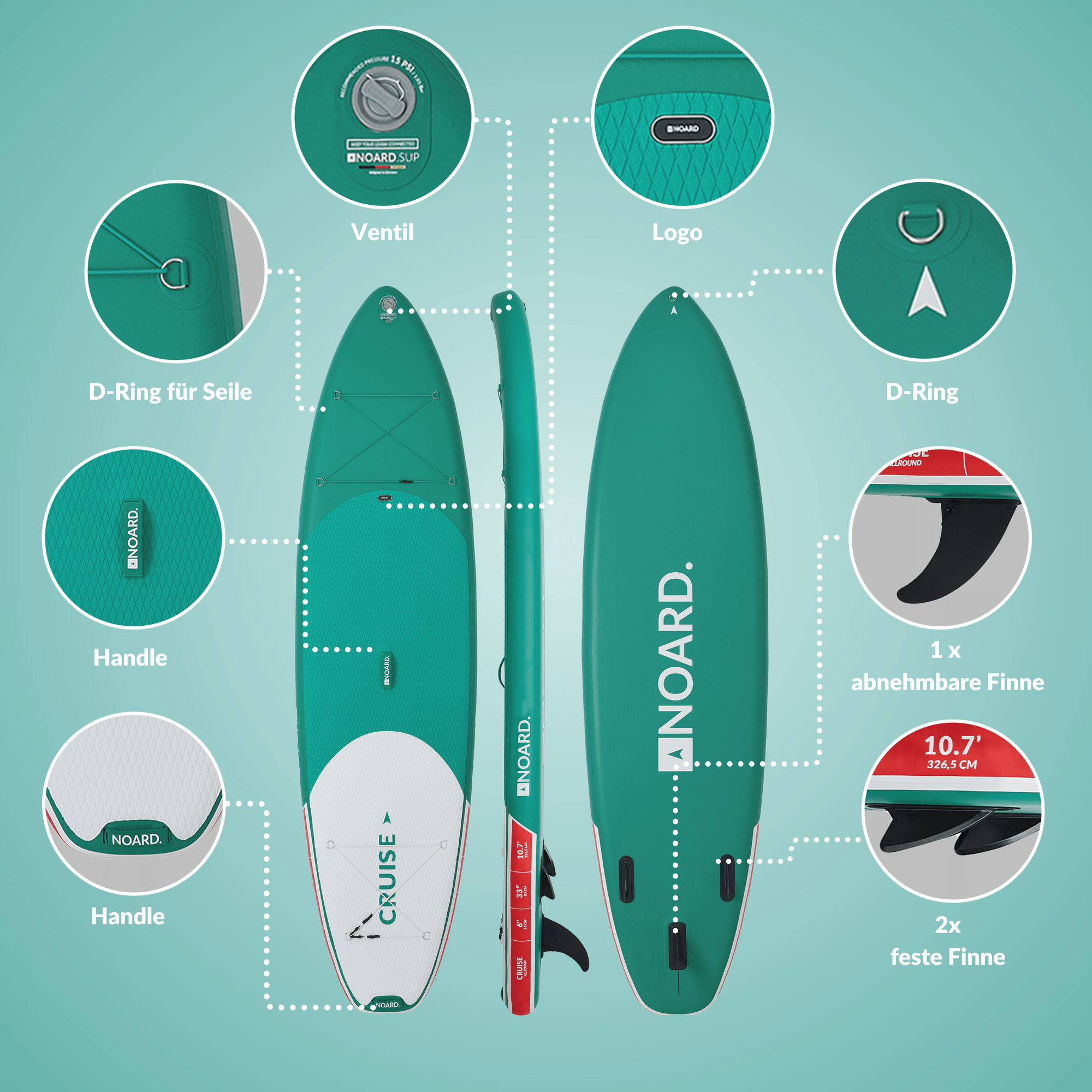SUP mit Ventil, Logo, D-Ringen, Griffen, abnehmbaren und festen Finnen