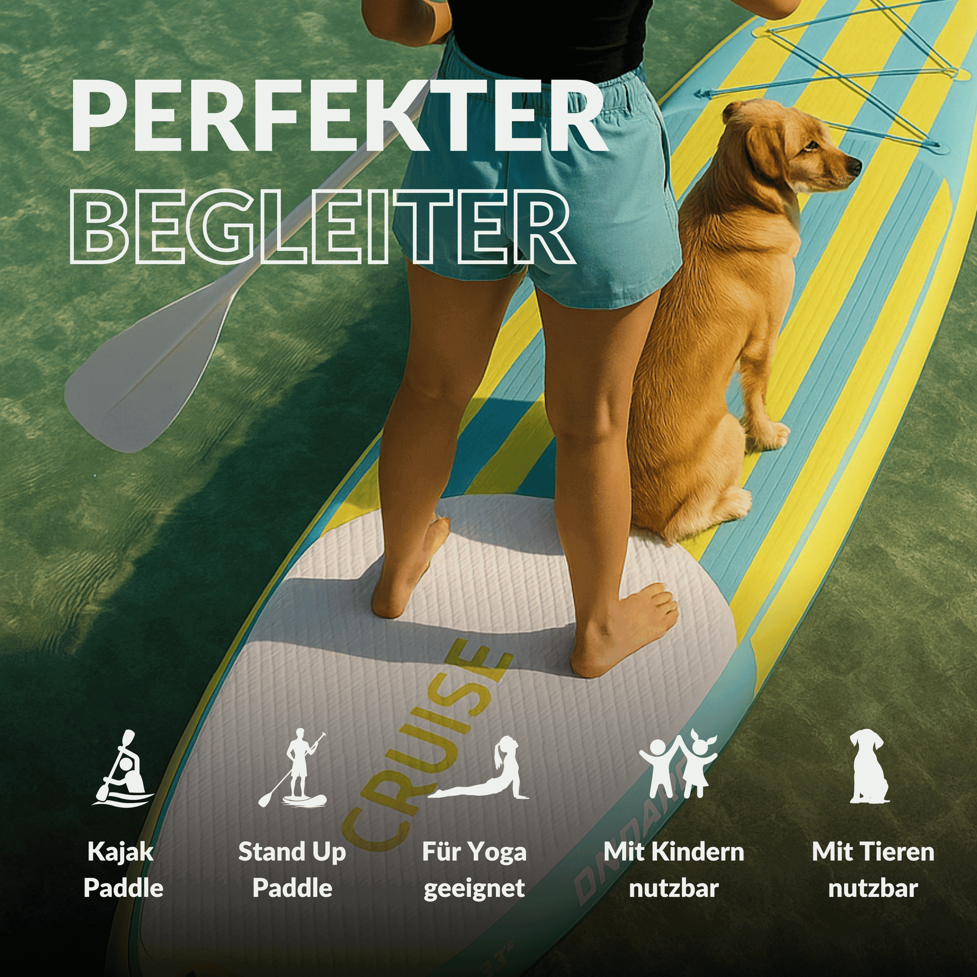 Frau mit Hund auf einem SUP, vielseitig einsetzbar: Yoga, Kinder, Tiere, Stand Up Paddle und Kajak Paddle