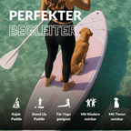 Frau mit Hund auf einem SUP, vielseitig einsetzbar: Yoga, Kinder, Tiere, Stand Up Paddle und Kajak Paddle