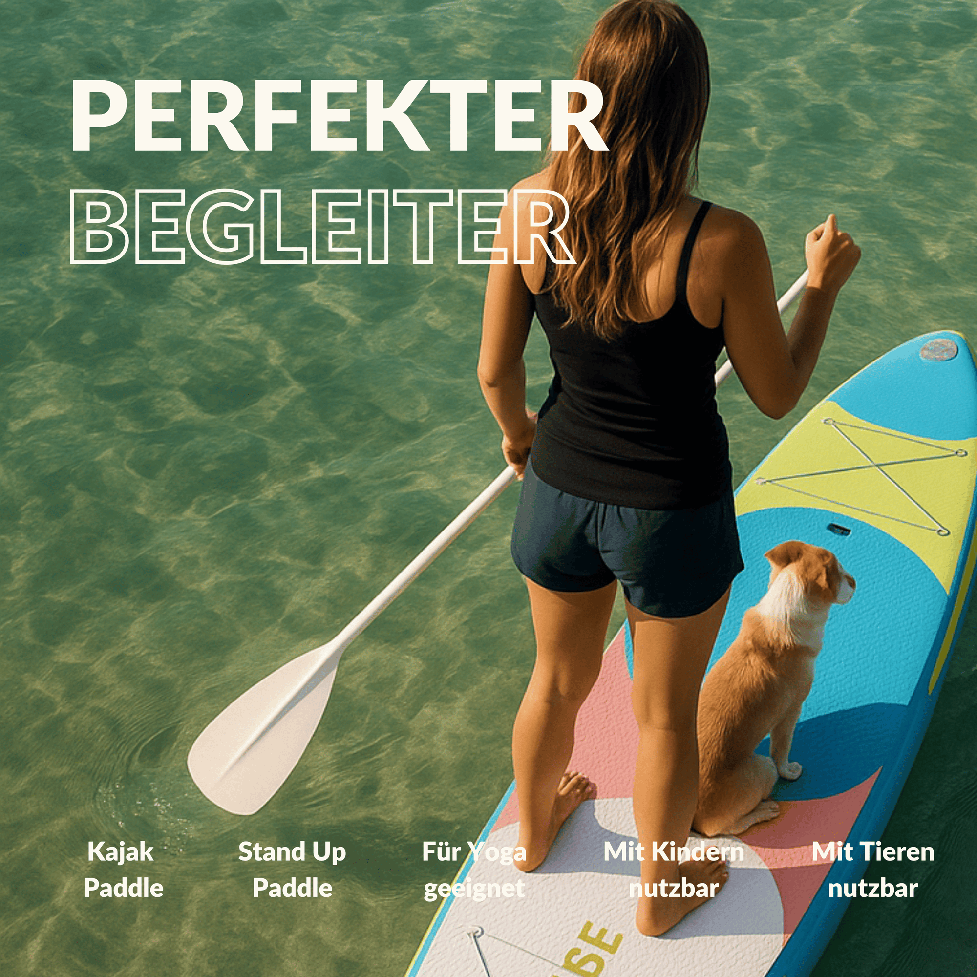 Frau mit Hund auf einem SUP, geeignet für Yoga, Kinder, Tiere, Stand-Up-Paddle und Kajak-Paddeln.