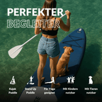 Frau mit Hund auf einem SUP, geeignet für Yoga, Kinder, Tiere, Stand-Up-Paddle und Kajak-Paddeln