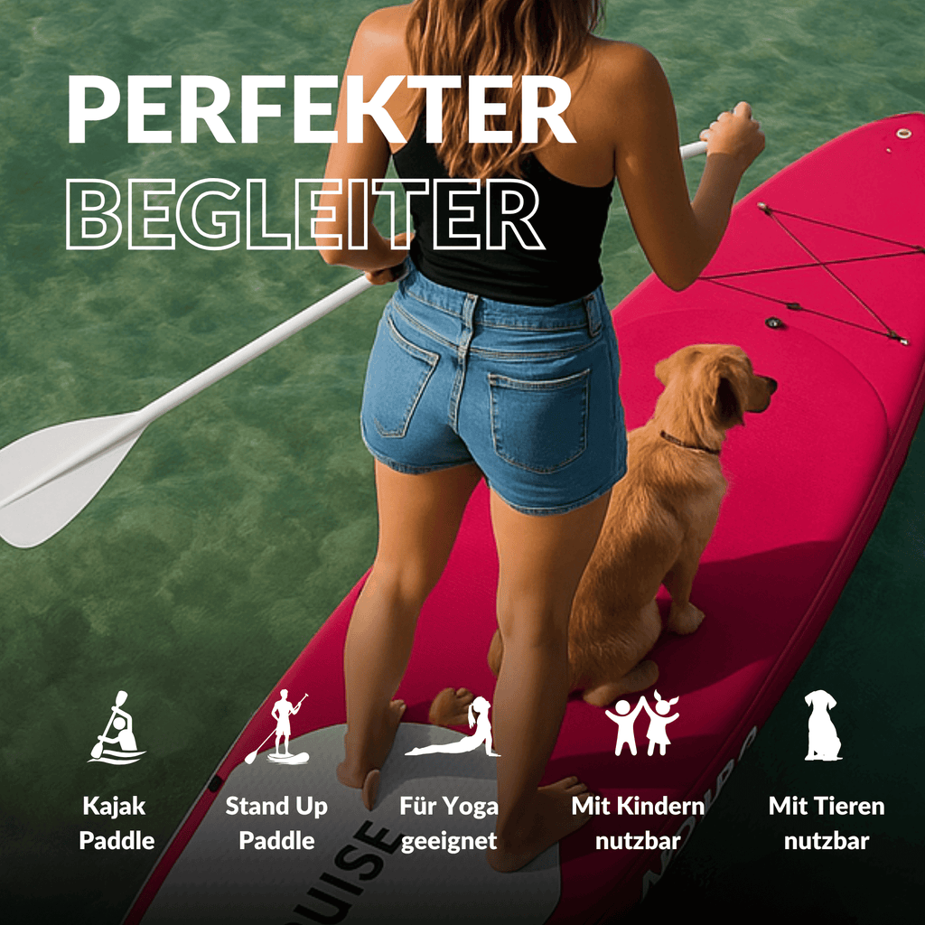 Frau mit Hund auf einem SUP, geeignet für Yoga, Kinder, Tiere, Stand-Up-Paddle und Kajak-Paddeln