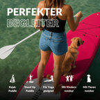 Frau mit Hund auf einem SUP, geeignet für Yoga, Kinder, Tiere, Stand-Up-Paddle und Kajak-Paddeln