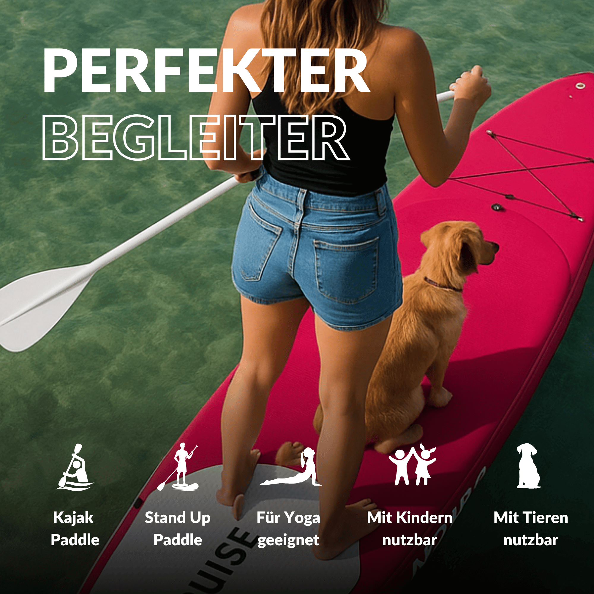 Frau mit Hund auf einem SUP, geeignet für Yoga, Kinder, Tiere, Stand-Up-Paddle und Kajak-Paddeln