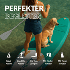 Frau mit Hund auf einem SUP, vielseitig einsetzbar: Yoga, Kinder, Tiere, Stand Up Paddle und Kajak Paddle.