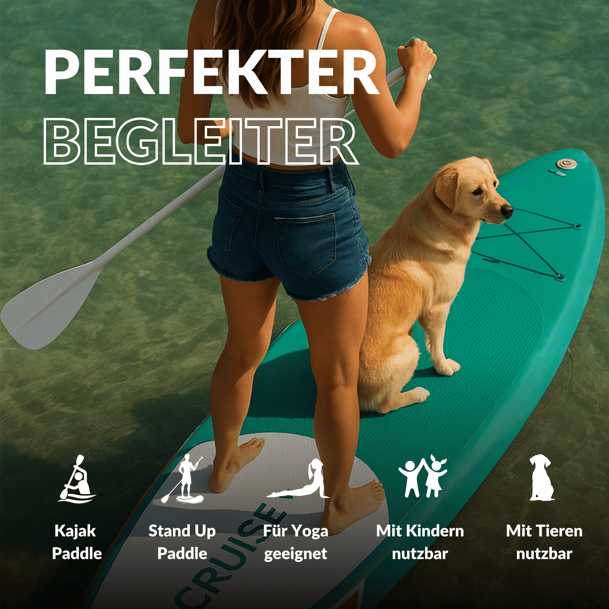 Frau mit Hund auf einem SUP, vielseitig einsetzbar: Yoga, Kinder, Tiere, Stand Up Paddle und Kajak Paddle.