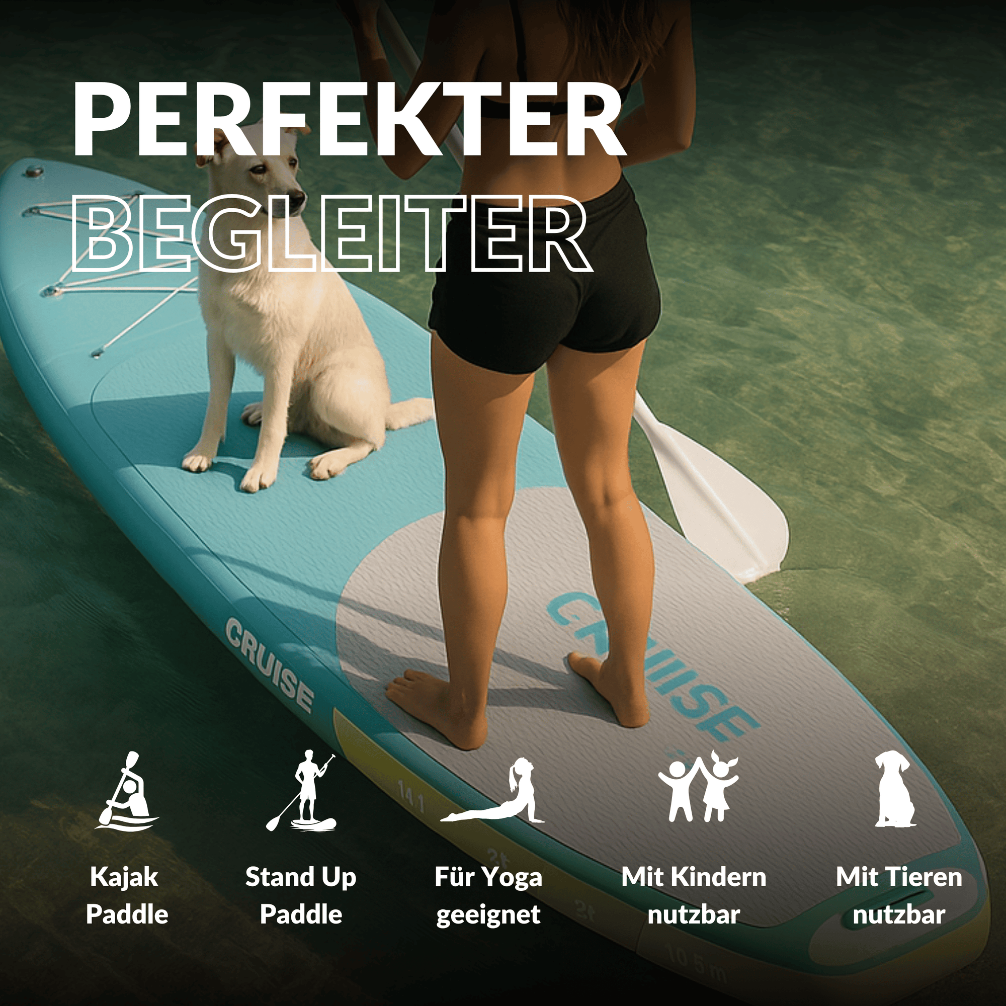 Frau mit Hund auf einem SUP, geeignet für Yoga, Kinder, Tiere, Stand-Up-Paddle und Kajak-Paddeln.
