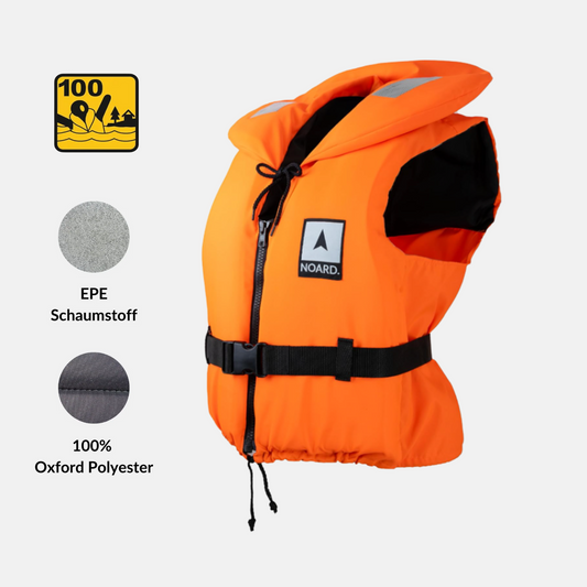 Noard Rettungsweste gefertigt aus 100% Oxford Polyester und EPE Schaumstoff.