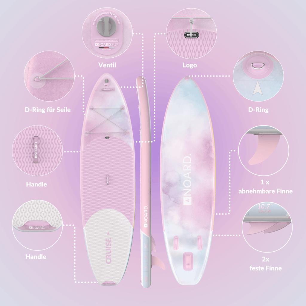 SUP mit Ventil, Logo, D-Ringen, Griffen, abnehmbaren und festen Finnen